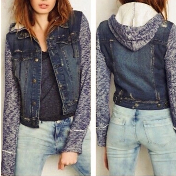 Free People Distressed Hooded Jean Jacket - Picture 1 of 9